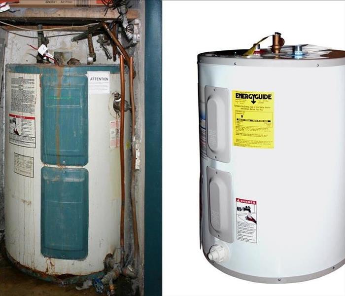 corroded water heater on left, new water heater on right